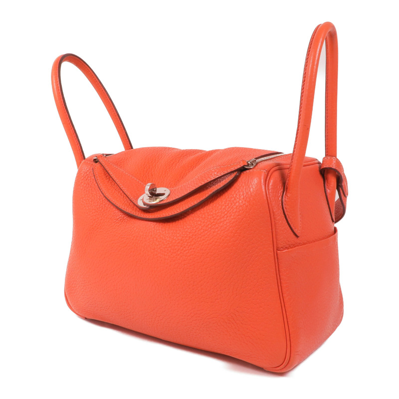 HERMES Clemence皮革Lindy 26銀扣手挽肩背兩用袋Orange Poppy-2
