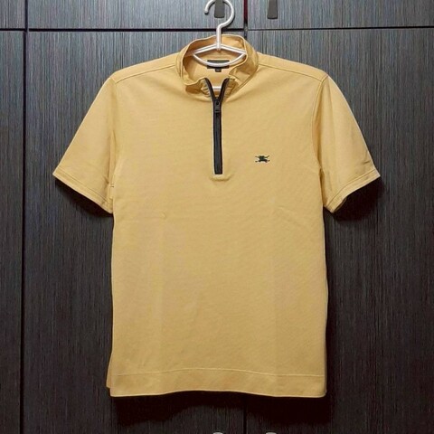 （日本製MIJ）BURBERRY 博柏利 GOLF 高爾夫球 戰馬 男芥末黃拉鍊半開襟短袖上衣L