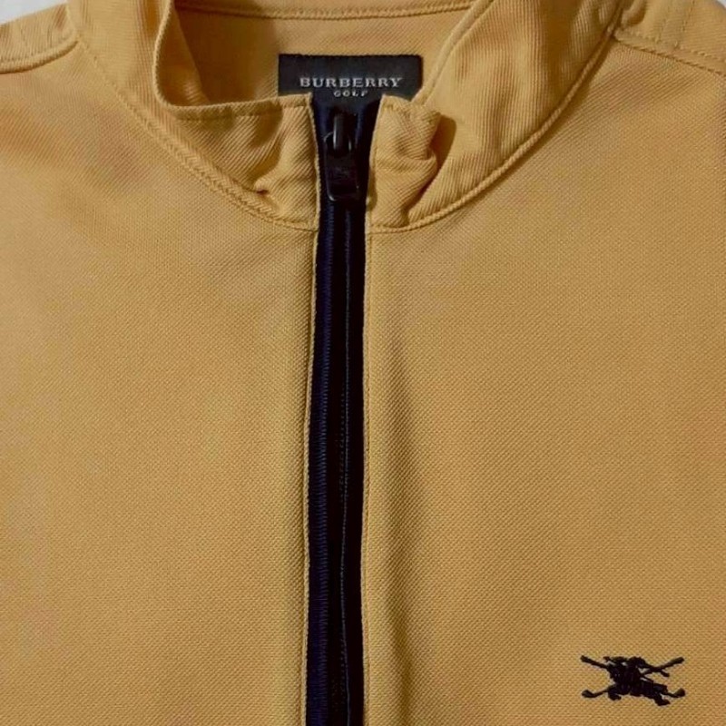 (日本製MIJ)BURBERRY 博柏利 GOLF 高爾夫球 戰馬 男芥末黃拉鍊半開襟短袖上衣L-2