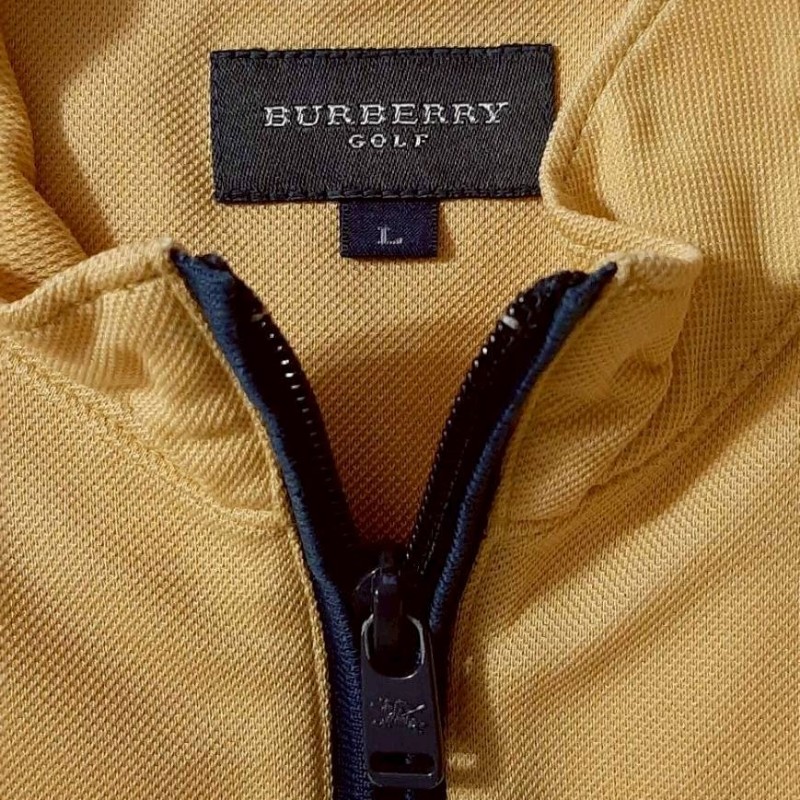 (日本製MIJ)BURBERRY 博柏利 GOLF 高爾夫球 戰馬 男芥末黃拉鍊半開襟短袖上衣L-5