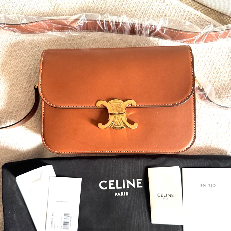 Celine Triomphe凱旋門 Teen馬鞍皮中號金棕色焦糖色美拉德色系單肩包-0