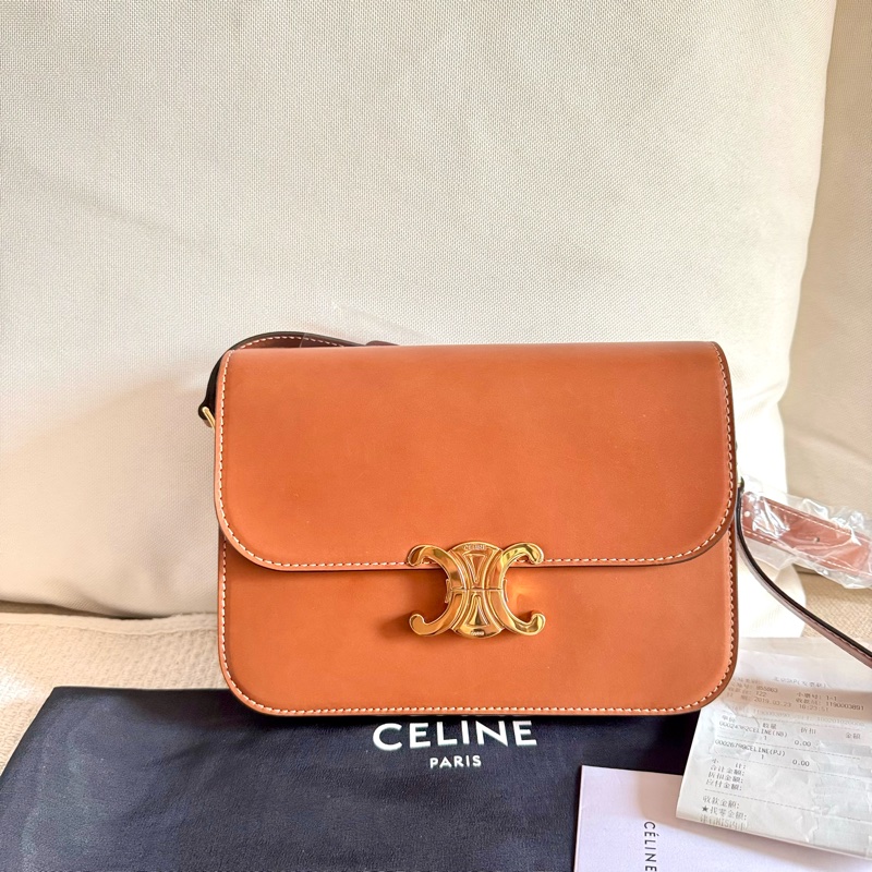 Celine Triomphe凱旋門 Teen馬鞍皮中號金棕色焦糖色美拉德色系單肩包-7