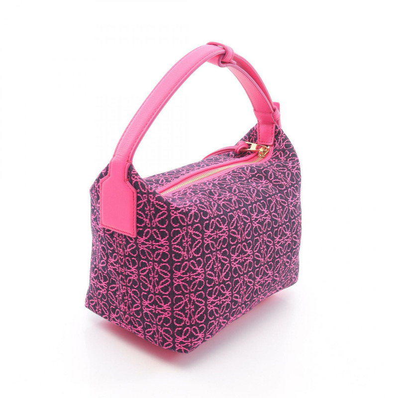 LOEWE Anagram Cubby 小號手提包 A906K75X09 帆布皮革霓虹粉紅二手女款-1