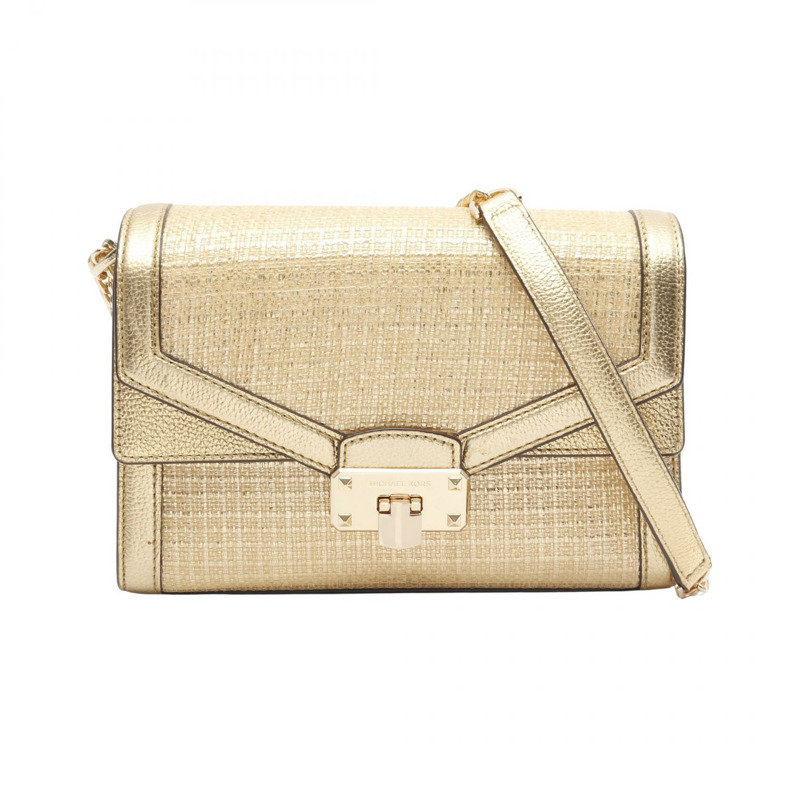 Michael Kors KINSLEY MD 鏈條單肩包 皮革 布料 金色 二手 女款-0