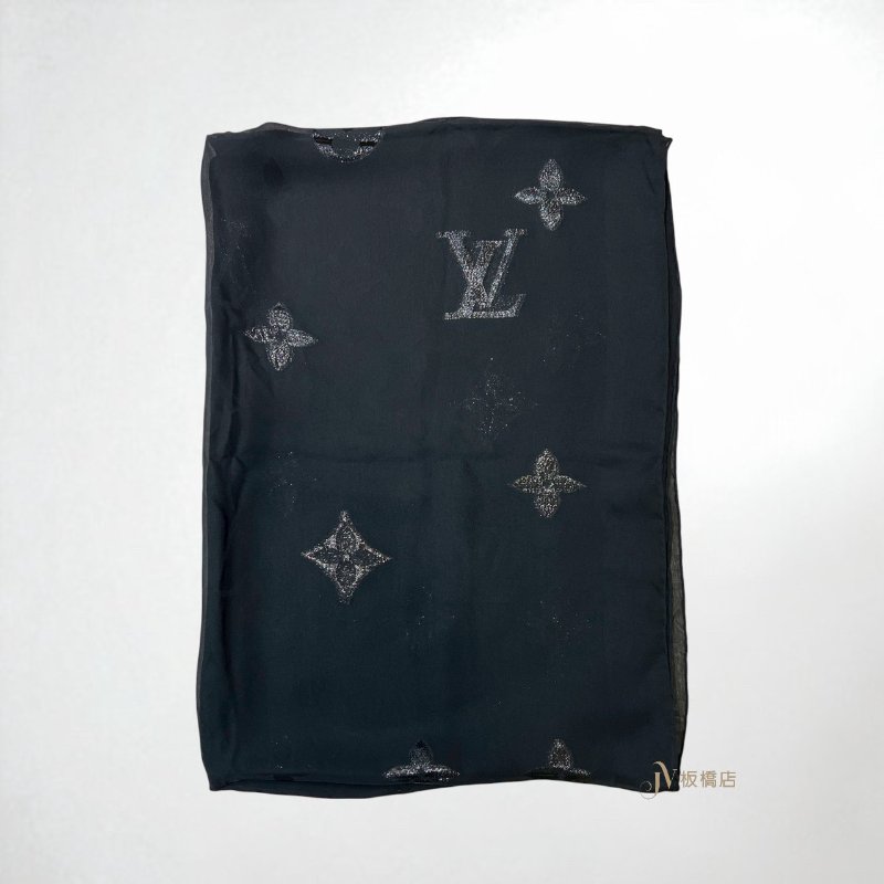 LV 黑色亮片浮雕LOGO長版絲巾-1