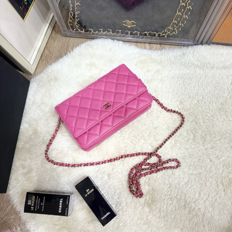 chanel woc香奈兒 荔枝牛皮🌸櫻花粉色 桃紅 翻蓋 斜背包 部份膠膜未撕✨-1