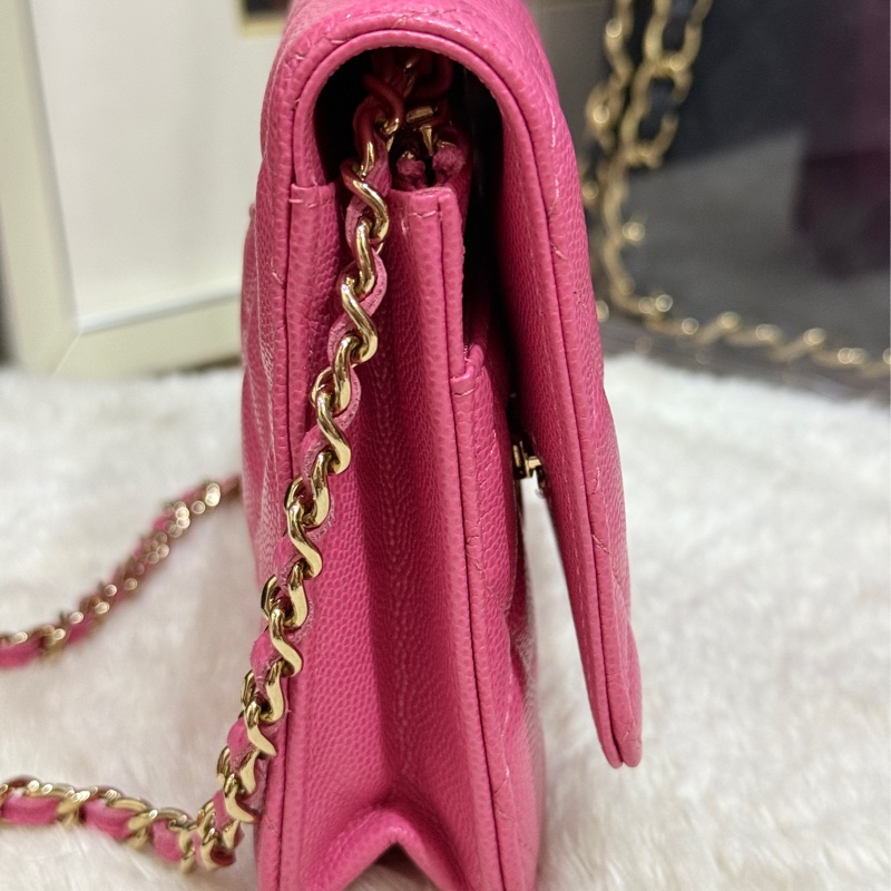 chanel woc香奈兒 荔枝牛皮🌸櫻花粉色 桃紅 翻蓋 斜背包 部份膠膜未撕✨-15