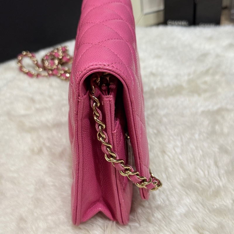 chanel woc香奈兒 荔枝牛皮🌸櫻花粉色 桃紅 翻蓋 斜背包 部份膠膜未撕✨-20