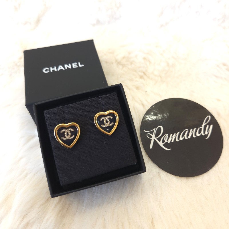 Chanel 琺瑯愛心鑽 穿式耳環 黑金-0