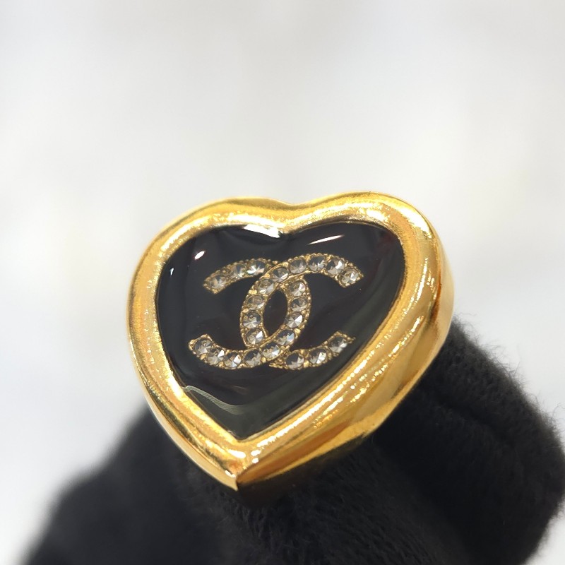 Chanel 琺瑯愛心鑽 穿式耳環 黑金-4