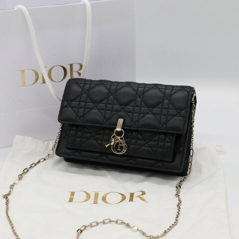 【近新品♥️】 Dior 迪奧 黑色 菱格紋 皮革 淡金釦 珍珠鏈條 信封包 WOC 鏈條錢包 斜背包 ｜ 專櫃 85,000