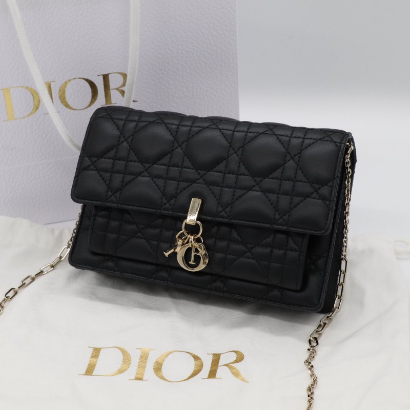 【近新品♥️】 Dior 迪奧 黑色 菱格紋 皮革 淡金釦 珍珠鏈條 信封包 WOC 鏈條錢包 斜背包 ｜ 專櫃 85,000-1