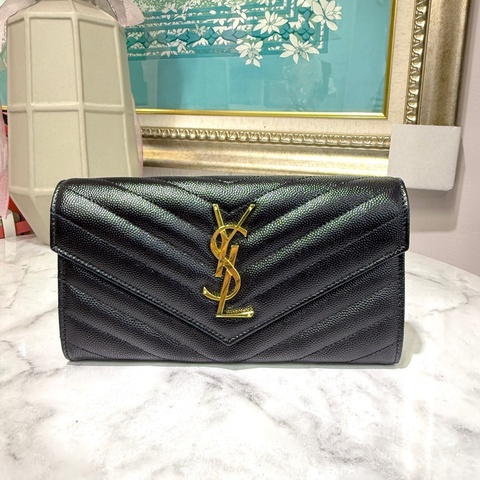 🌟近新未使用🌟YSL 黑荔枝牛皮山型紋金釦信封下蓋12卡長夾