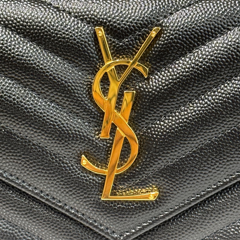 🌟近新未使用🌟YSL 黑荔枝牛皮山型紋金釦信封下蓋12卡長夾-7