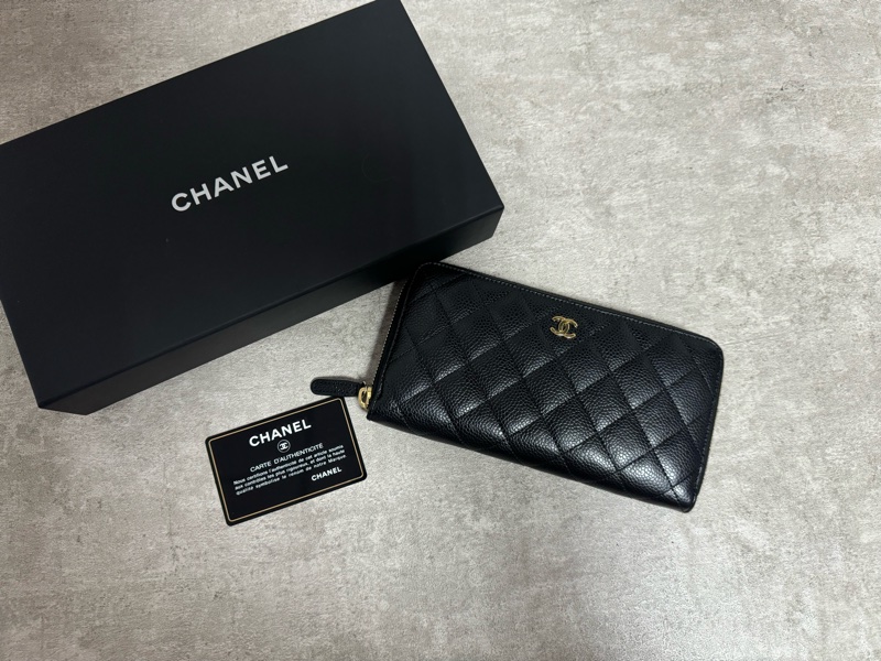正品 Chanel 經典黑金荔枝皮拉鍊長夾-0