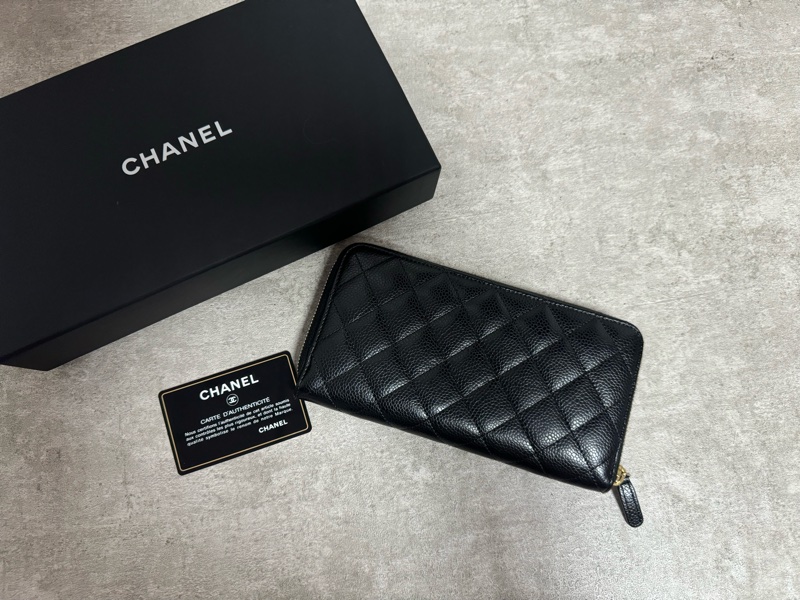 正品 Chanel 經典黑金荔枝皮拉鍊長夾-1