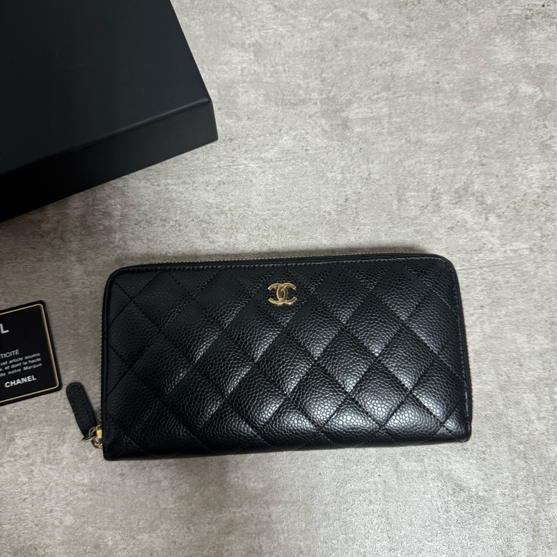 正品 Chanel 經典黑金荔枝皮拉鍊長夾-2
