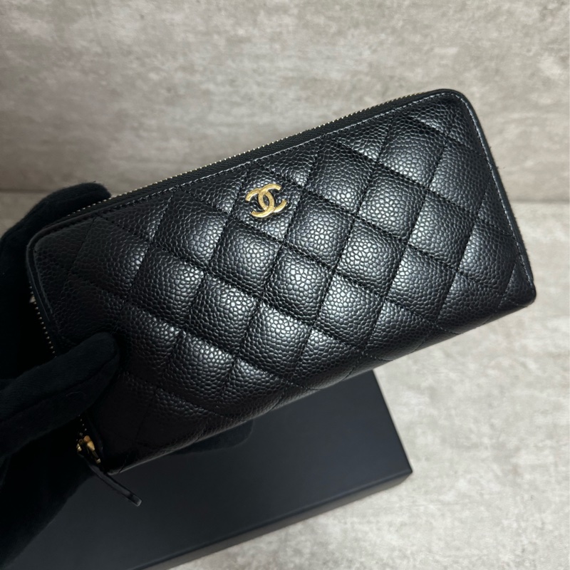 正品 Chanel 經典黑金荔枝皮拉鍊長夾-5
