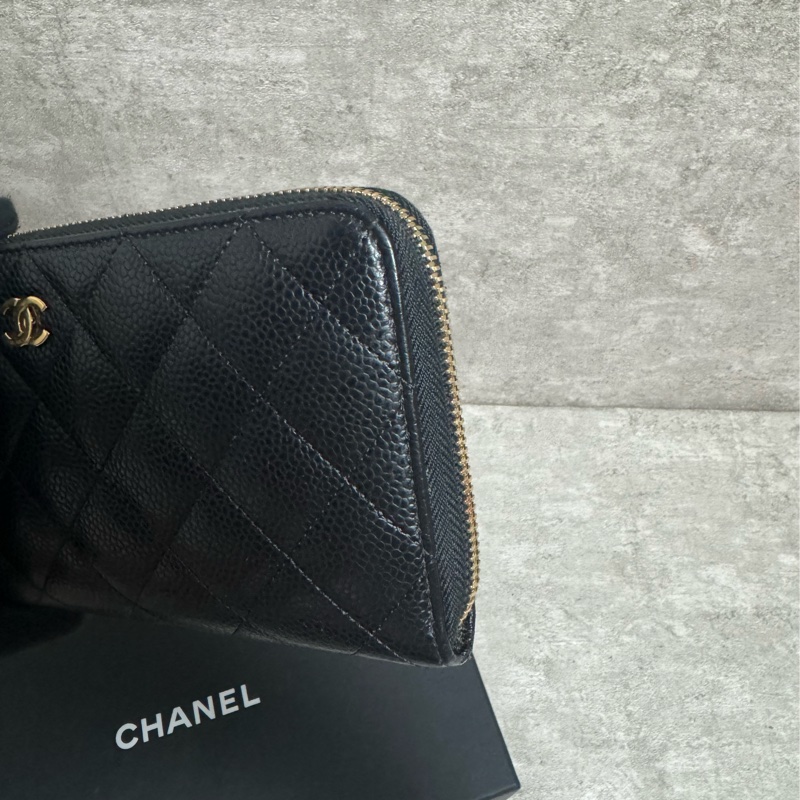 正品 Chanel 經典黑金荔枝皮拉鍊長夾-7