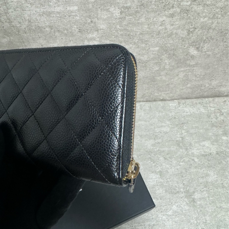 正品 Chanel 經典黑金荔枝皮拉鍊長夾-10
