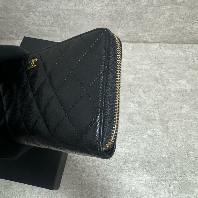 正品 Chanel 經典黑金荔枝皮拉鍊長夾-12