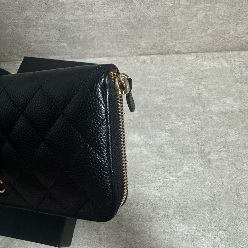 正品 Chanel 經典黑金荔枝皮拉鍊長夾-13