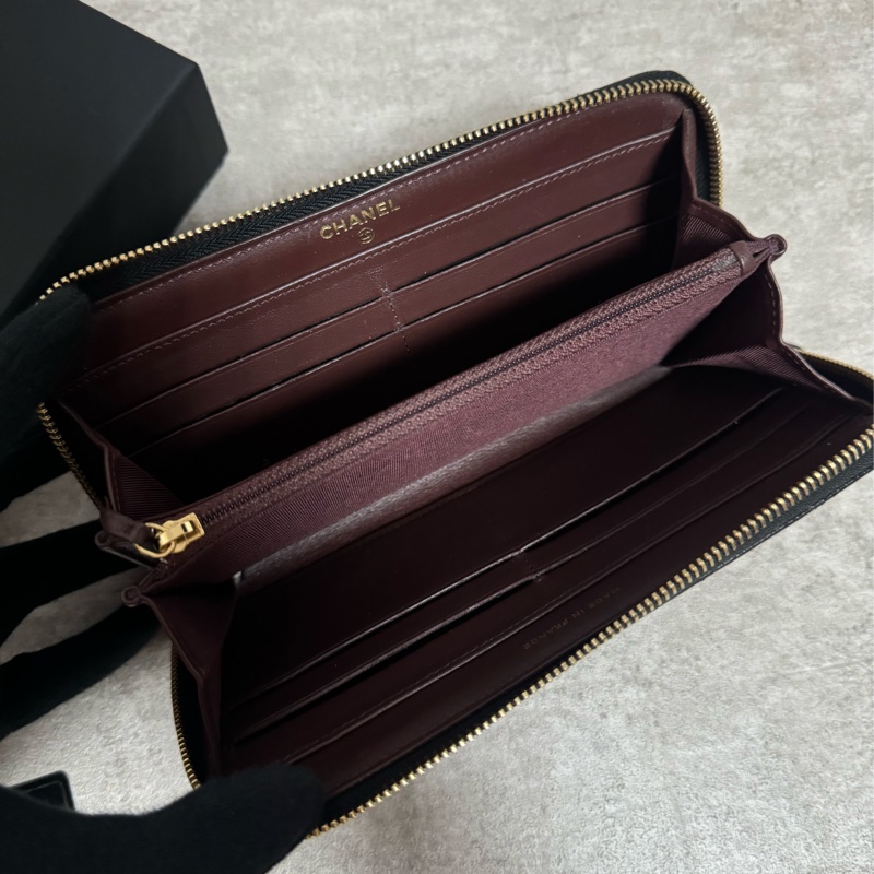 正品 Chanel 經典黑金荔枝皮拉鍊長夾-14