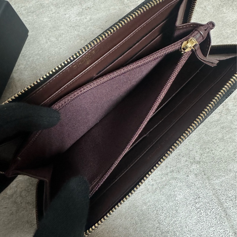 正品 Chanel 經典黑金荔枝皮拉鍊長夾-15