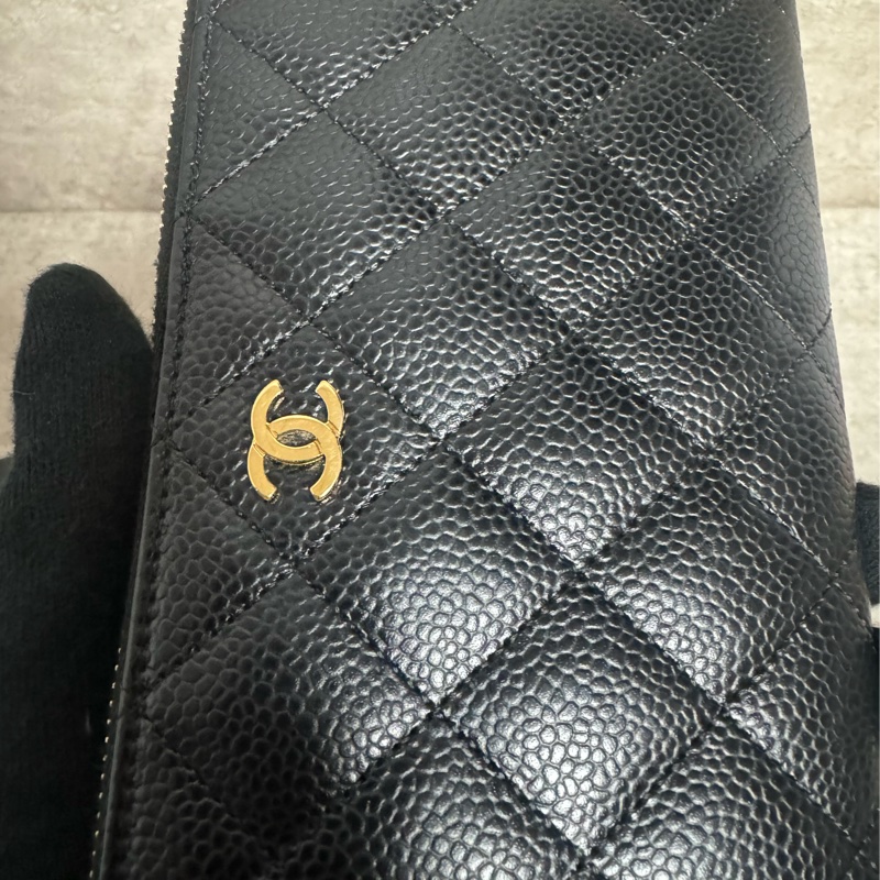 正品 Chanel 經典黑金荔枝皮拉鍊長夾-18
