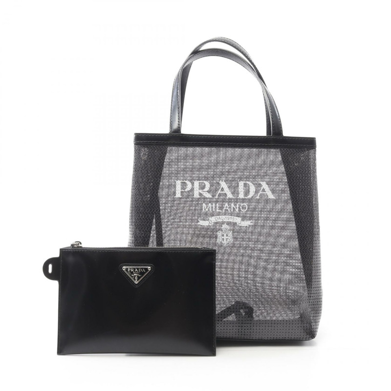 PRADA RETE PAILLETTES 手提包 1BG417 漆皮網布黑色二手女士-0