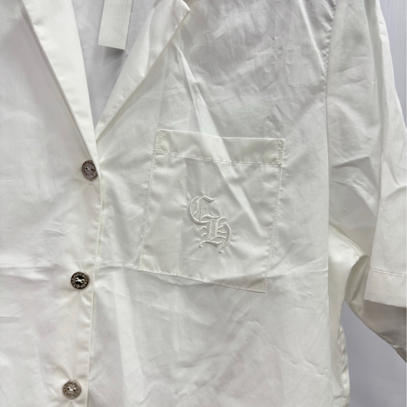 克羅心Chrome Hearts 全新女裝 口袋刺繡Logo 銀扣短袖襯衫 白色S碼-1