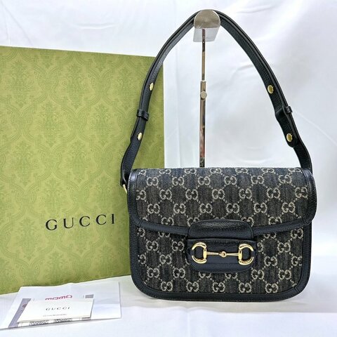 GUCCI 全新1955 Horsebit單寧黑馬銜扣肩揹包