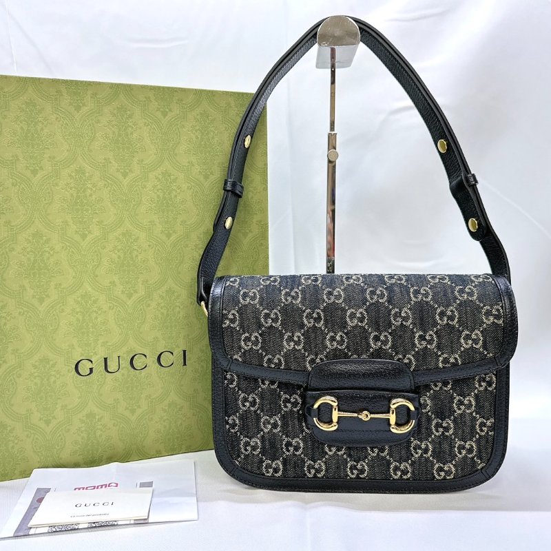 GUCCI 全新1955 Horsebit單寧黑馬銜扣肩揹包-0