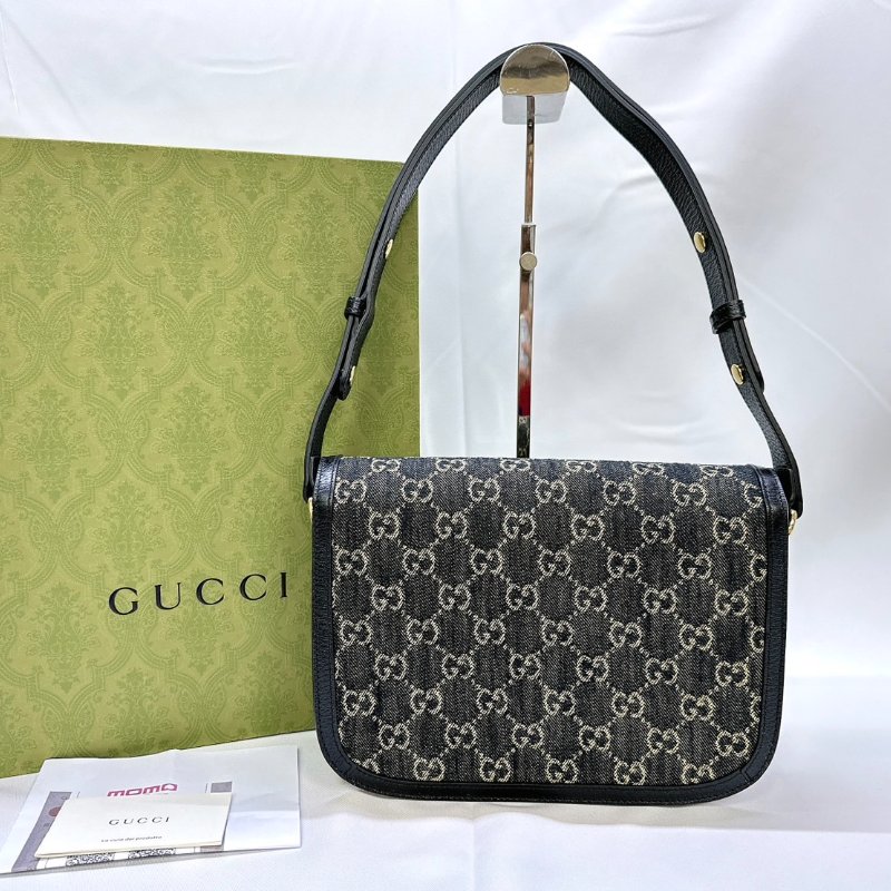 GUCCI 全新1955 Horsebit單寧黑馬銜扣肩揹包-1