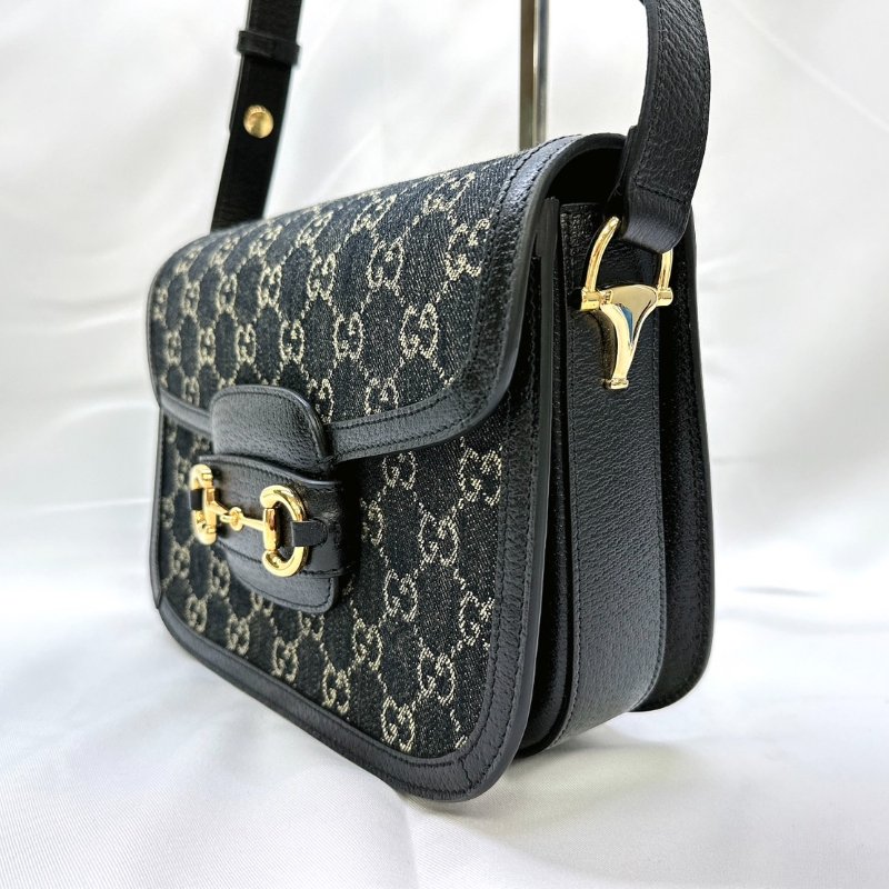 GUCCI 全新1955 Horsebit單寧黑馬銜扣肩揹包-2