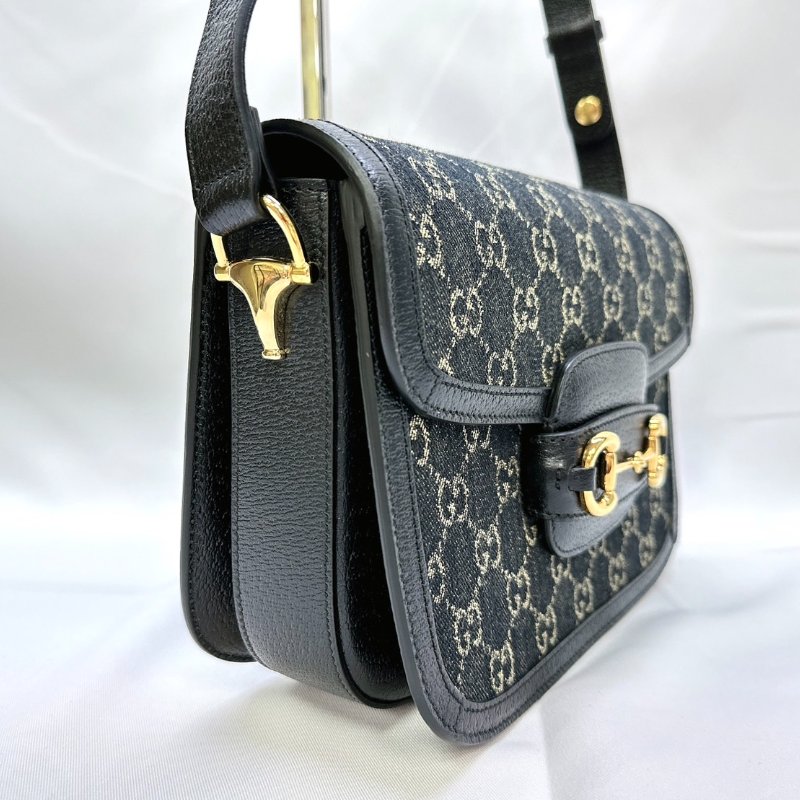 GUCCI 全新1955 Horsebit單寧黑馬銜扣肩揹包-3