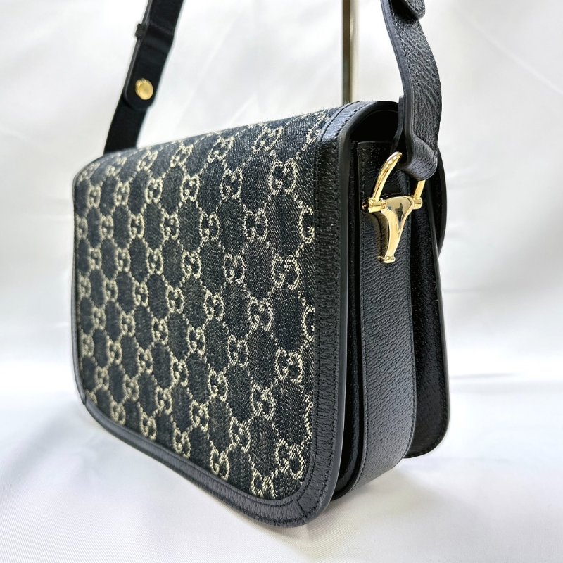 GUCCI 全新1955 Horsebit單寧黑馬銜扣肩揹包-4