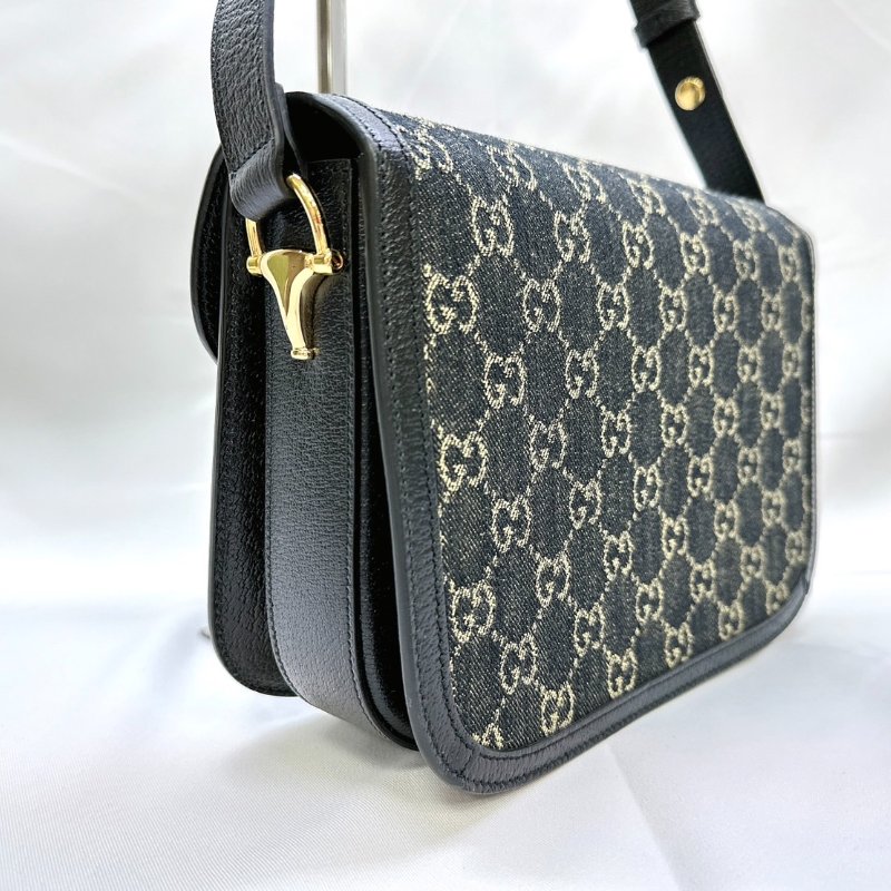 GUCCI 全新1955 Horsebit單寧黑馬銜扣肩揹包-5