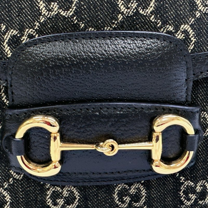 GUCCI 全新1955 Horsebit單寧黑馬銜扣肩揹包-7