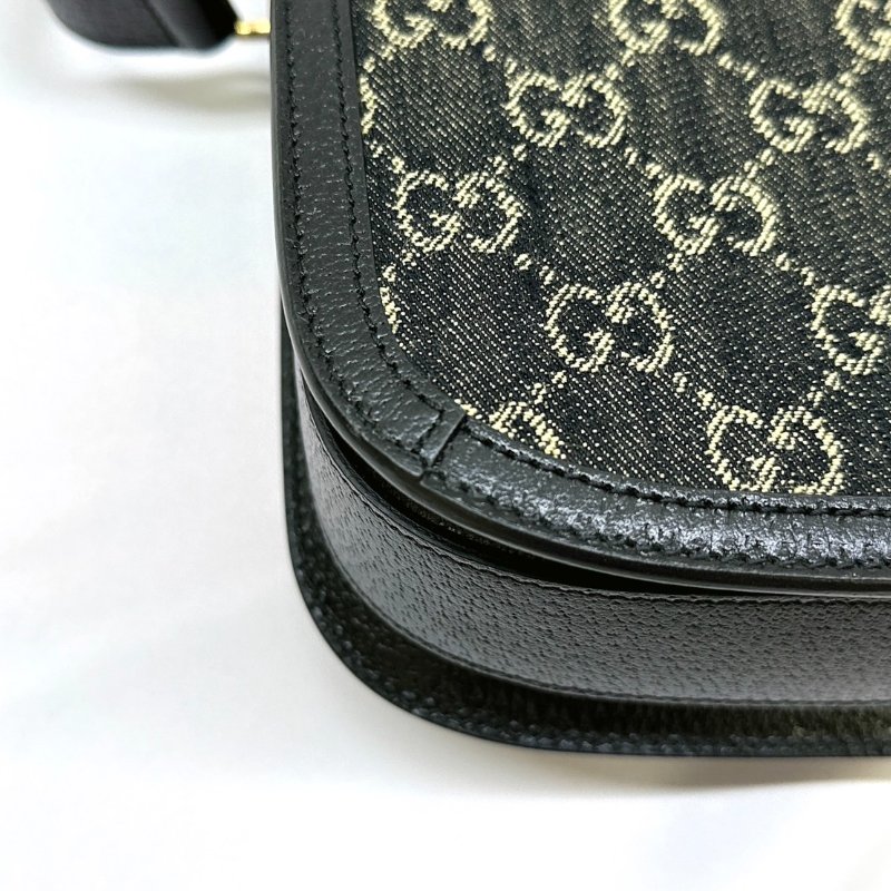 GUCCI 全新1955 Horsebit單寧黑馬銜扣肩揹包-14