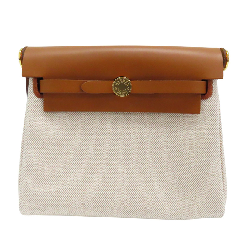 米色 帆布 Herbag Zip 20 肩背包 W刻 金扣【HERMES 愛馬仕】-0