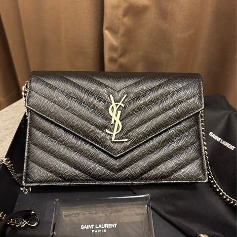 YSL 聖羅蘭 魚子醬信封式WOC 黑銀 19公分