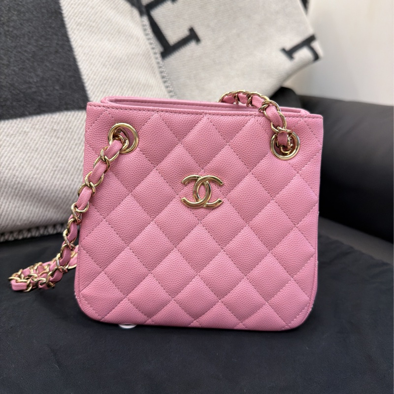CHANEL 23P粉Mini Tote 背包 斜背 黑 櫻花粉-1