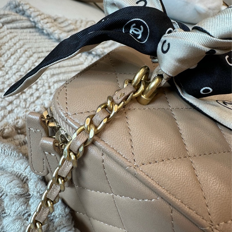 Chanel 長盒子 化妝包 側背包 米色 台灣專櫃購入全配-20