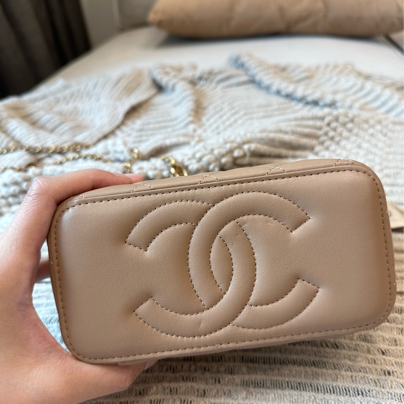 Chanel 長盒子 化妝包 側背包 米色 台灣專櫃購入全配-33