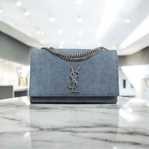 「JL精品代購」9新 Ysl 牛仔Kate 銀鏈條包