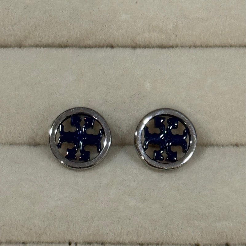 Tory Burch 藍銀 Logo圓形耳環-0