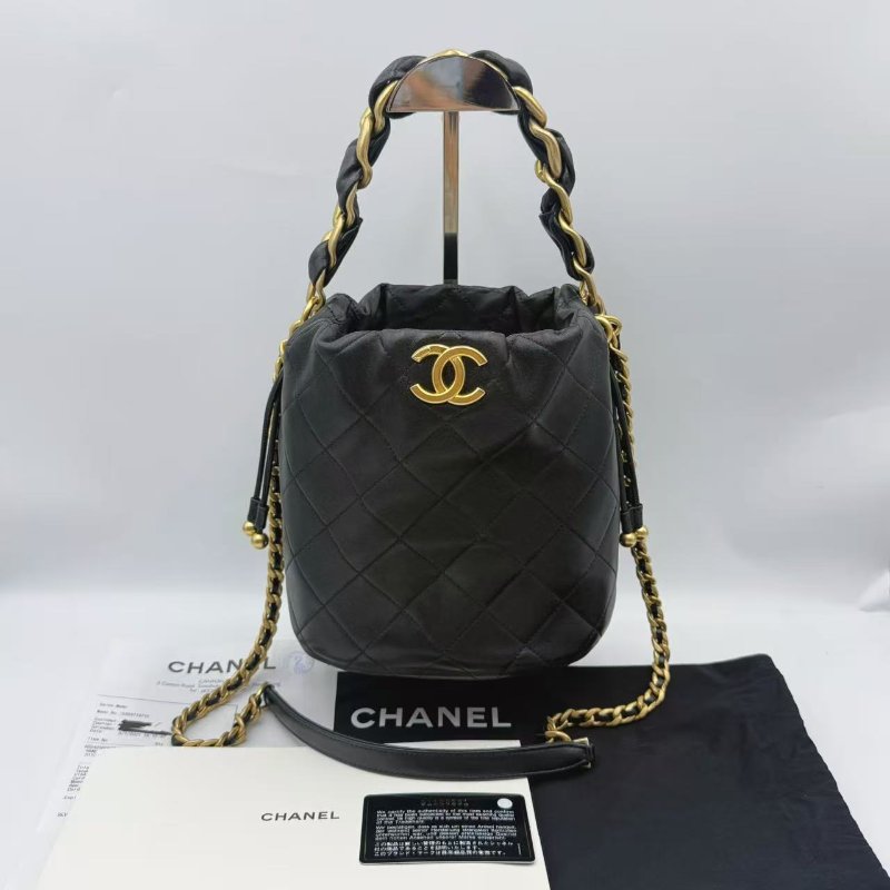 Chanel 黑色小金球抽繩菱格 水桶兩用袋(斜揹/手挽)-0
