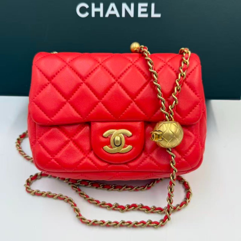 CHANEL Mini Flap Bag 珊瑚紅羊皮金球方胖子-0