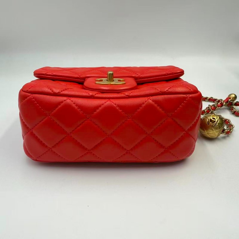 CHANEL Mini Flap Bag 珊瑚紅羊皮金球方胖子-4